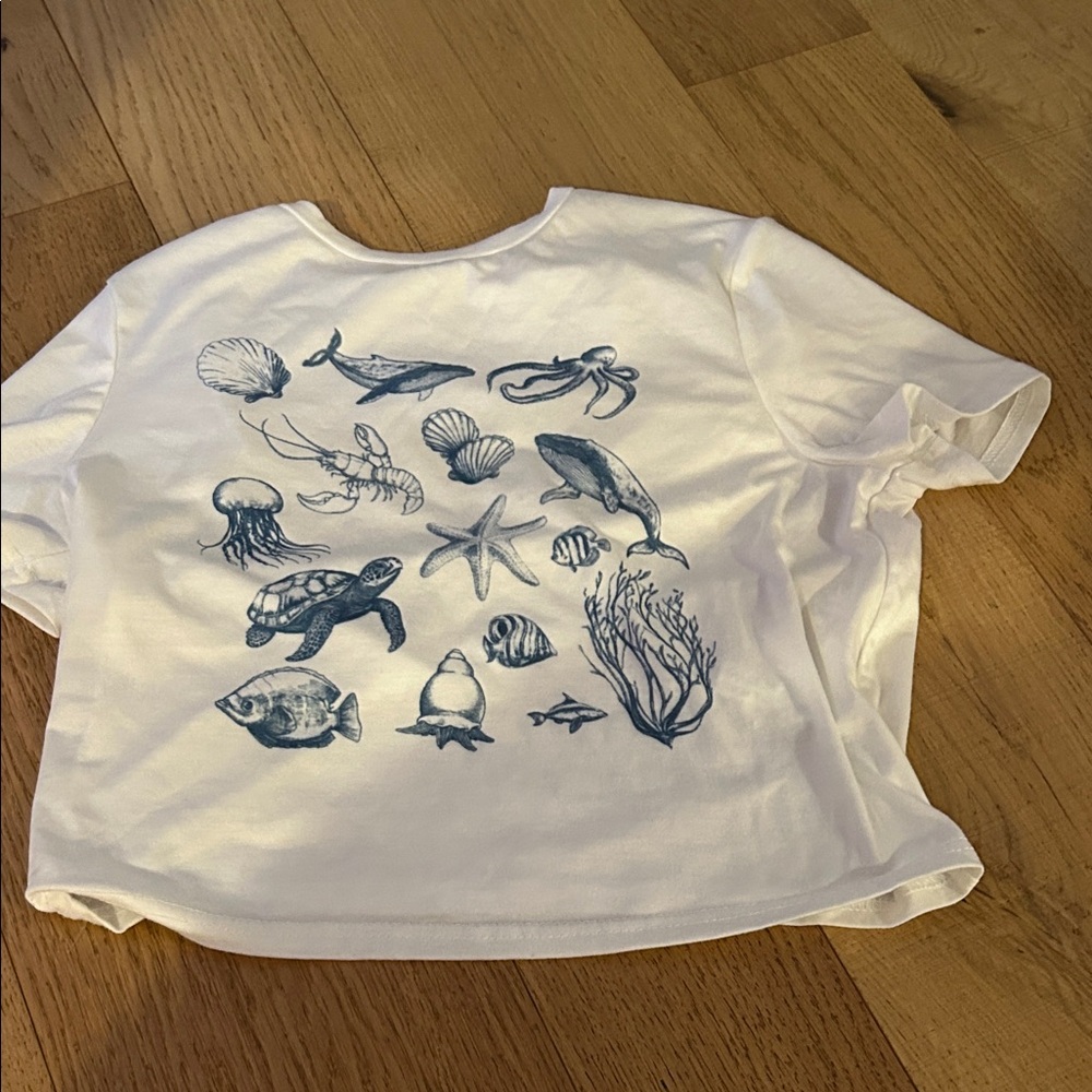 White Tee with Blue Ocean Print